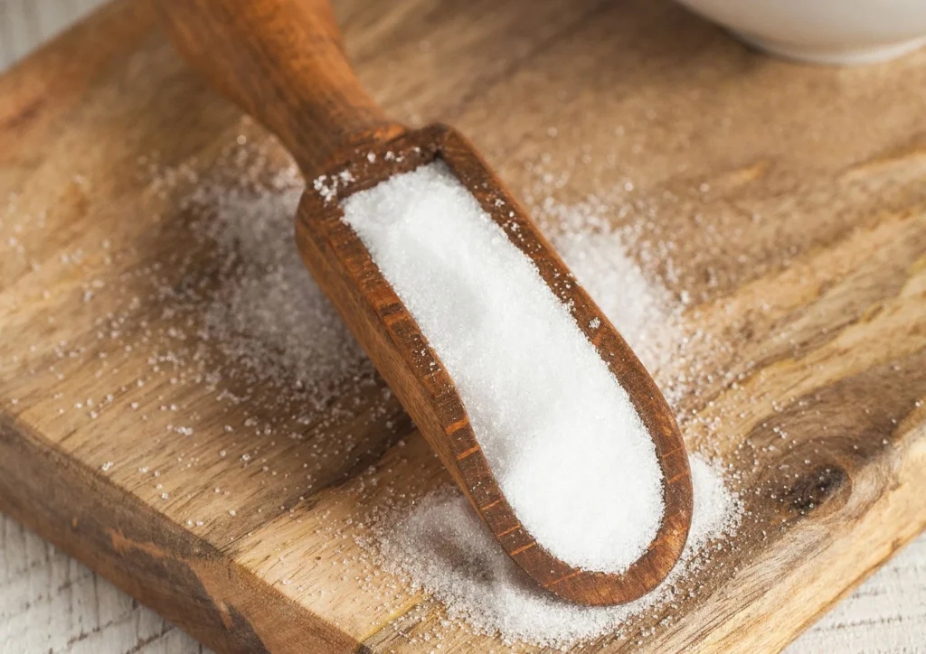 sugar on the table with wooden spoon