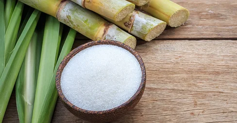 sugar in wooden bowl and sugarcane
