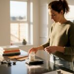 Scientist weighing sweeteners at kitchen island