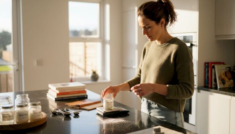 Scientist weighing sweeteners at kitchen island