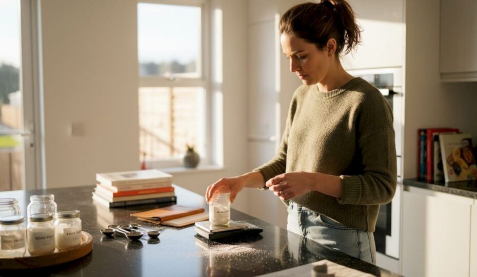 Scientist weighing sweeteners at kitchen island
