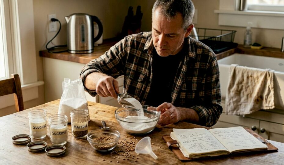 Brewer measuring brewing sugars at kitchen table