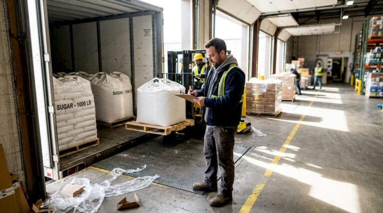 Bulk sugar delivery at food factory loading dock