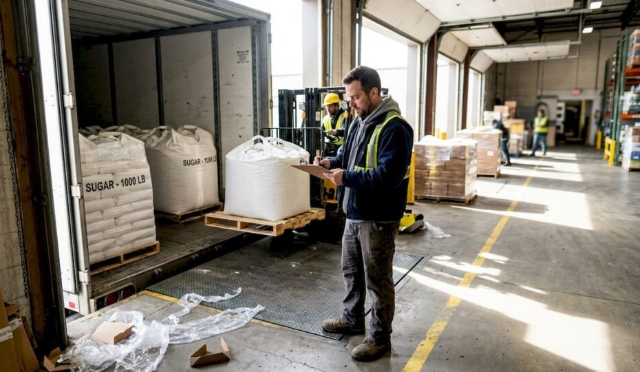 Bulk sugar delivery at food factory loading dock