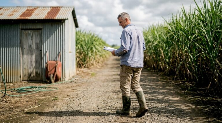 Technician walking in sugarcane field by shed
