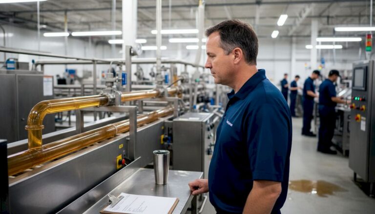 Production manager observes liquid sugar processing line