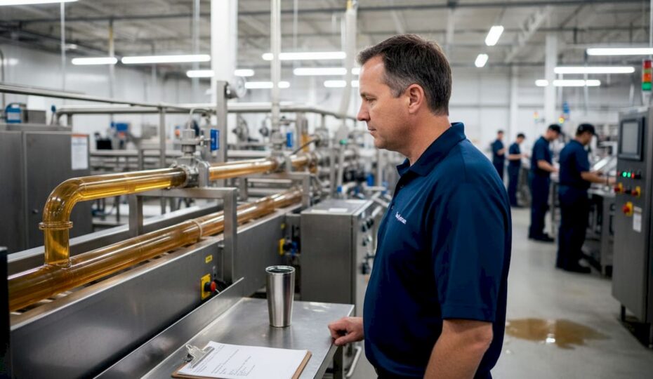 Production manager observes liquid sugar processing line