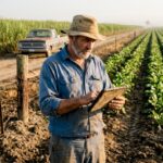 Farm manager inspecting sugarcane and beet fields