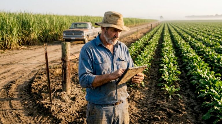 Farm manager inspecting sugarcane and beet fields