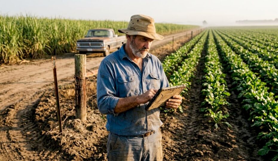Farm manager inspecting sugarcane and beet fields