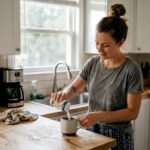 Woman adding non-dairy sweetener to coffee