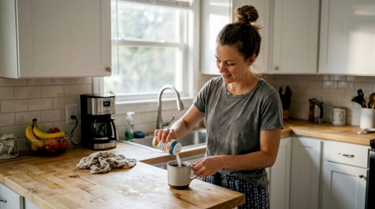 Woman adding non-dairy sweetener to coffee