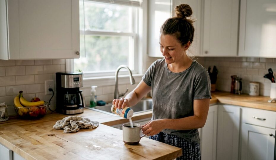Woman adding non-dairy sweetener to coffee