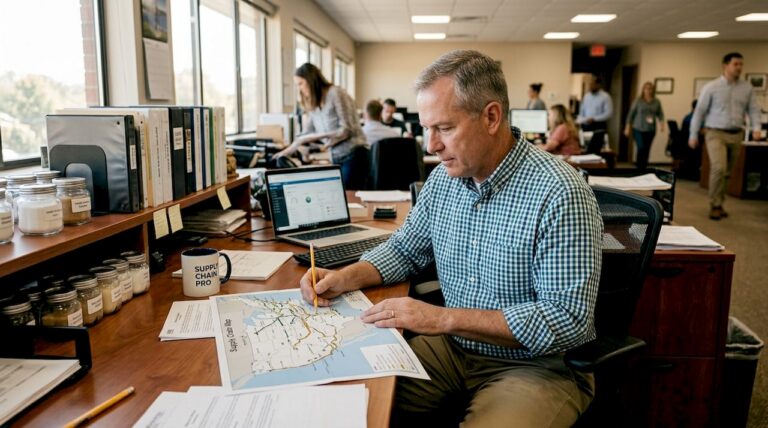 Manager at desk reviewing sugar supply plans
