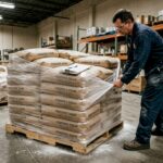 Worker handling bulk powdered sugar bags in warehouse