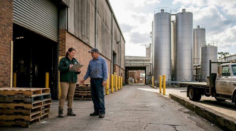 Plant manager and driver at sugar refinery loading bay
