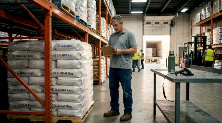 Manager inspecting bulk sweetener inventory