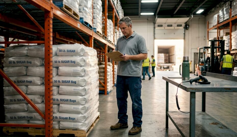 Manager inspecting bulk sweetener inventory