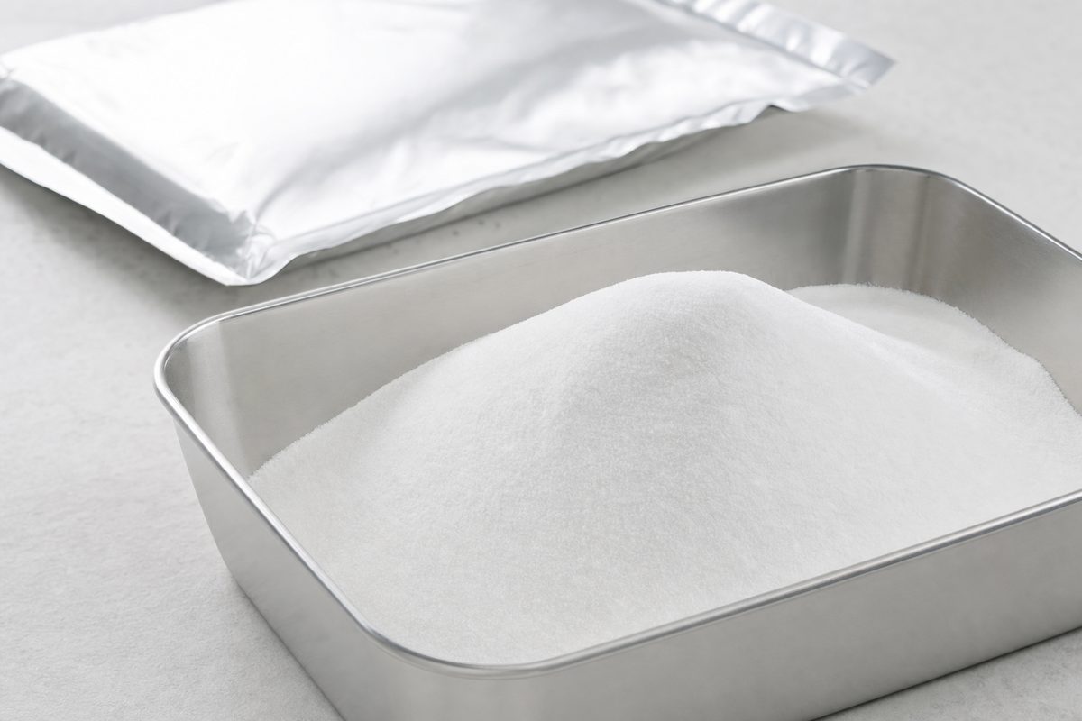 Anhydrous dextrose powder, fine white crystals in a stainless tray beside a bulk foil pouch