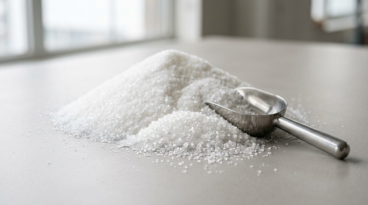 Bulk dextrose monohydrate food grade white crystalline powder with a stainless steel scoop