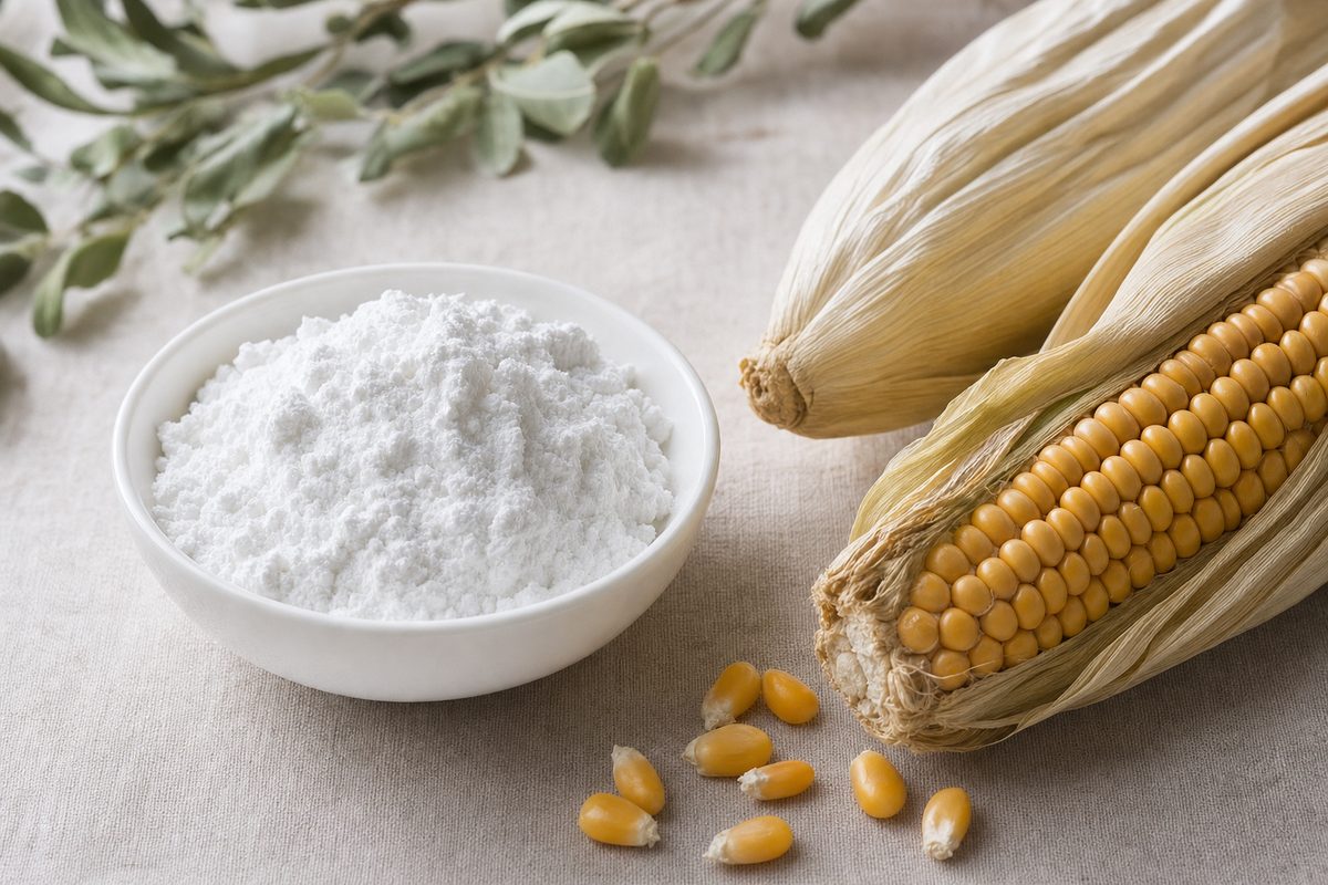 USDA NOP certified organic dextrose powder in a ceramic dish beside dried corn ears
