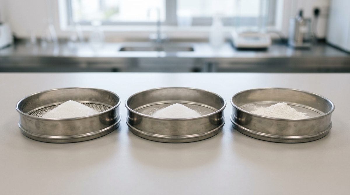 Three stainless steel test sieves comparing coarse, standard and fine custom mesh dextrose granulations